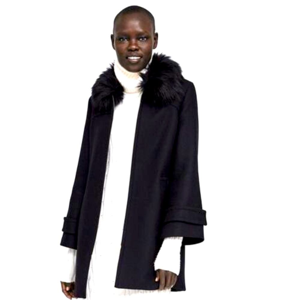 Zara Black Wool Coat with Faux Fur Collar. Size Medium. NWOT.